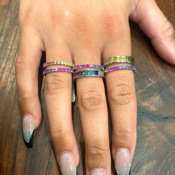 JEN HANSEN STERLING SILVER CUBIC ZIRCONIA RAINBO CHANEL RING MULTICOLOR RAINBOW - Picture 7 of 9